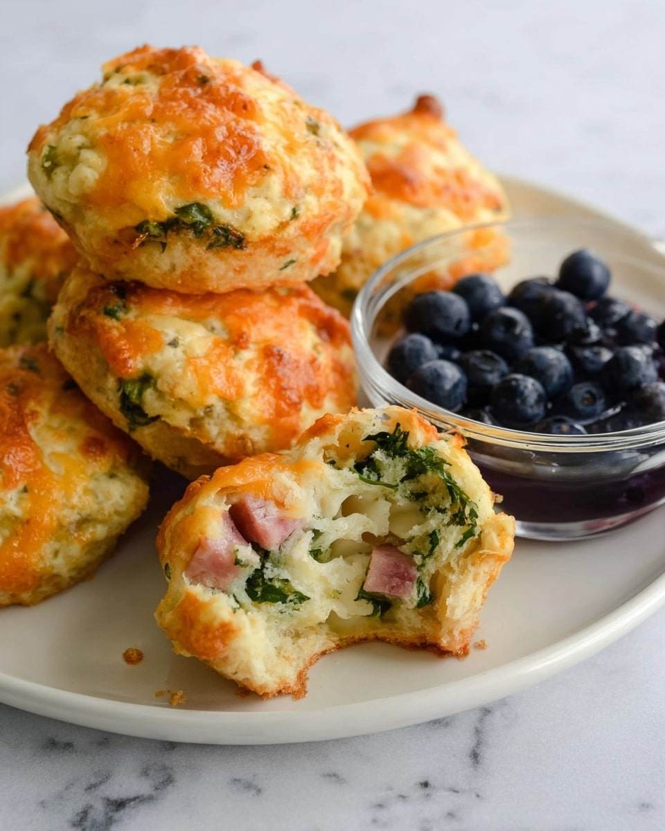 The image shows two savory muffins on a white plate, one whole and one cut in half to reveal a soft, fluffy inside with small pieces of pink ham and green herbs. The muffins are golden brown with melted orange cheese on top, giving them a slightly crispy texture. In the background, there are two more muffins placed on a white marbled surface, along with a clear glass bowl filled with dark blueberries and a white bowl with green lettuce leaves. The image is softly lit and focused closely on the plate with the muffins. photo taken with an iphone --ar 4:5 --v 7