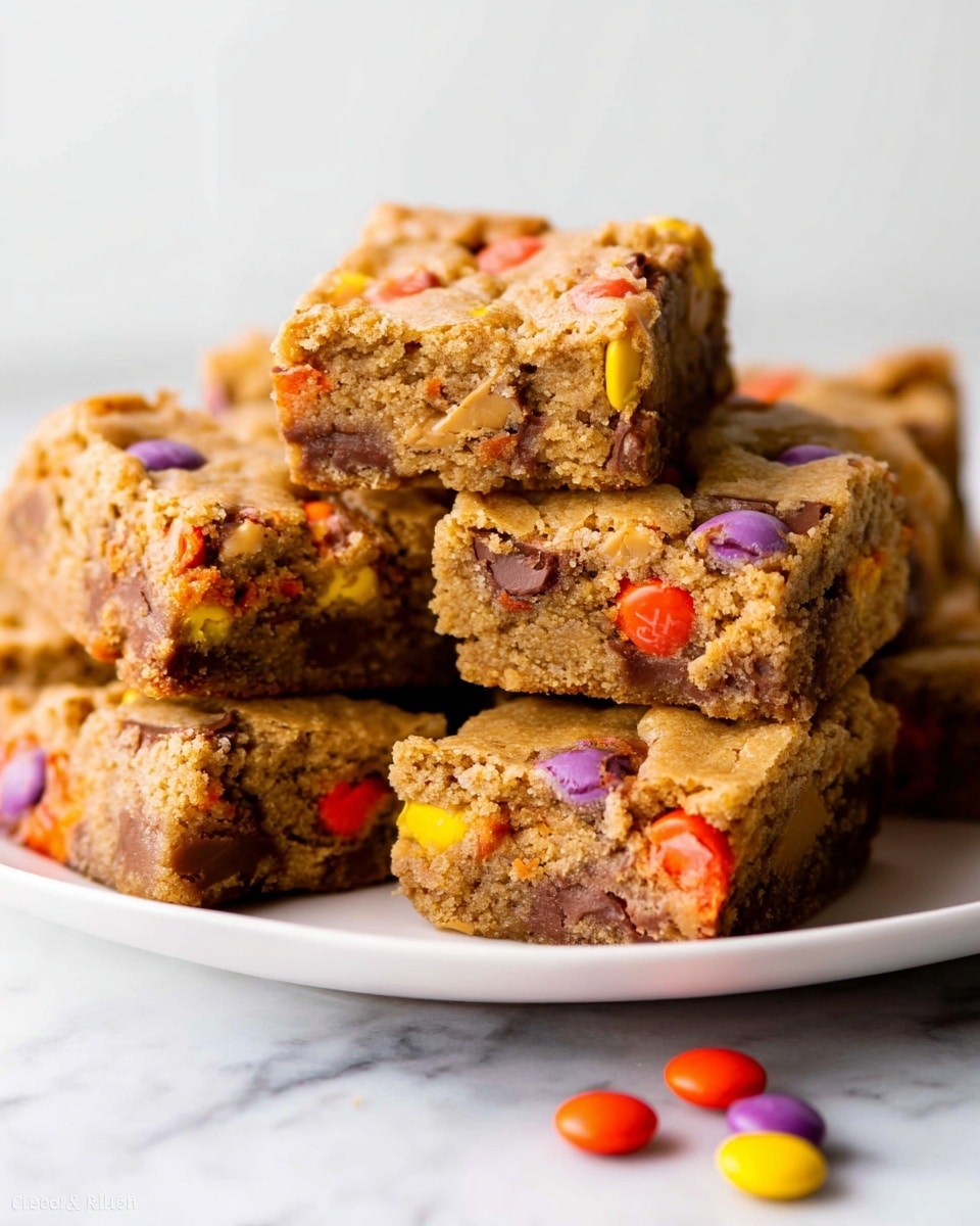 A stack of square blondie bars is placed on a white plate over a white marbled surface. Each blondie bar has a golden brown crumbly texture with visible chunks of peanut butter and colorful candy-coated chocolate pieces in red, orange, yellow, and purple embedded throughout. The bars show a soft, slightly thick inner texture with the candy pieces slightly melted into the batter. Some candy pieces rest loose on the plate near the bars. The bars are layered unevenly, with some bars leaning against each other, showing their interiors clearly. photo taken with an iphone --ar 4:5 --v 7