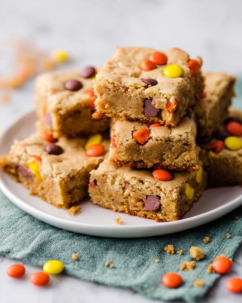 A white plate holds a stack of seven square-shaped blondies, each about an inch thick, with a soft, crumbly texture. The blondies are light golden brown with visible cracks on the surface, studded with colorful candy-coated chocolates in orange, yellow, and brown scattered on top and partially embedded inside. The plate is placed on a textured green cloth, all set against a white marbled background with crumbs lightly scattered around. photo taken with an iphone --ar 4:5 --v 7