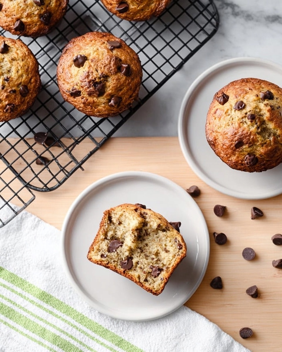 A close-up view of five golden brown chocolate chip muffins with a slightly rough top, each sprinkled with dark chocolate chips. Two whole muffins sit on white round plates, one muffin is broken in half showing a soft, light beige inside filled with melted chocolate chips, and two muffins are cooling on a black wire rack above a smooth light wood surface. Scattered chocolate chips lie beside one plate, and a white cloth with green stripes is placed near the plates. The background is a white marbled texture. Photo taken with an iphone --ar 4:5 --v 7