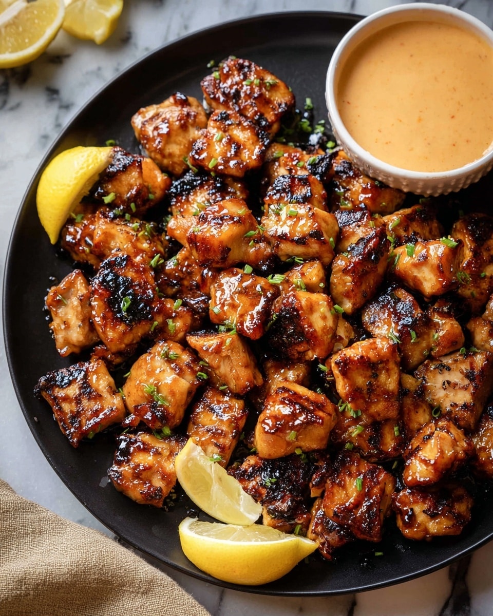 A black plate filled with many small, grilled, golden-brown chicken pieces that are glazed with a shiny sauce, some showing charred edges for a crispy look. The chicken pieces are scattered with small bits of green herbs. Two lemon wedges are placed on the side of the plate. In the background, there is a small white bowl containing a creamy, light orange dipping sauce. The scene is set on a white marbled surface with a beige cloth visible near the bottom corner. photo taken with an iphone --ar 4:5 --v 7