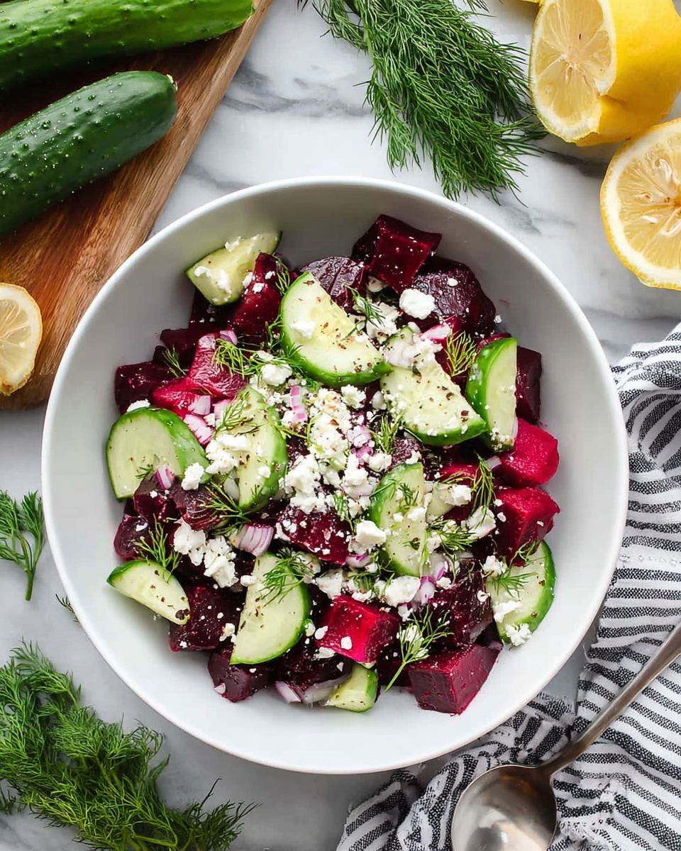 A white bowl filled with a colorful salad sits on a white marbled surface. The salad has three main layers: deep red beet chunks at the bottom, mixed with bright pink radish slices spread throughout, and topped with pale green cucumber slices arranged evenly. Small white crumbles of cheese are scattered on top, along with fresh green dill sprigs adding texture and color. The bowl is surrounded by fresh cucumbers, sprigs of dill, a lemon, a silver spoon, and a striped cloth napkin. Photo taken with an iphone --ar 4:5 --v 7