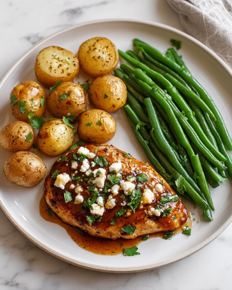 The image shows a white round plate with three food groups arranged neatly. On the left side, there are ten small golden potatoes, some whole and some sliced in half, with a light seasoning and roasted texture. On the right side, there is a bunch of bright green cooked green beans, stacked together in a neat line. In the center front, there is a single cooked chicken piece covered in a glossy brown sauce, topped with small white cheese crumbles and scattered fresh green parsley leaves. The plate sits on a white marbled textured surface, and the photo is clear and well-lit, revealing all the textures and colors vividly. photo taken with an iphone --ar 4:5 --v 7