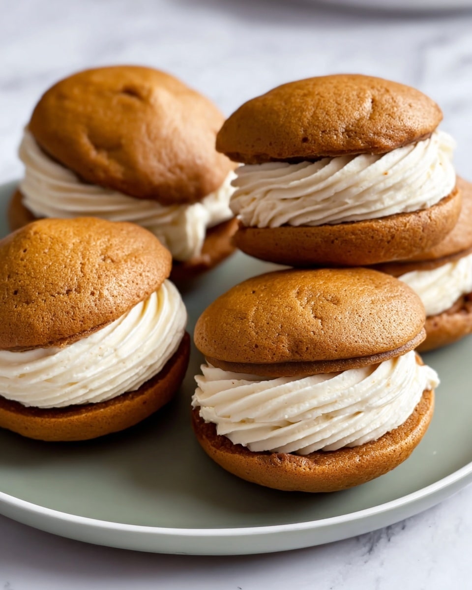The image shows four whoopie pies on a white marbled surface, each with two soft, round, light brown cake layers sandwiching a thick swirl of creamy white frosting in the middle. The cakes have a smooth, slightly cracked top texture, and the frosting is neatly piped with visible ridges, filling the space evenly between the cake layers. They are arranged closely on a white plate with a muted green tone, creating a simple but inviting presentation. photo taken with an iphone --ar 4:5 --v 7