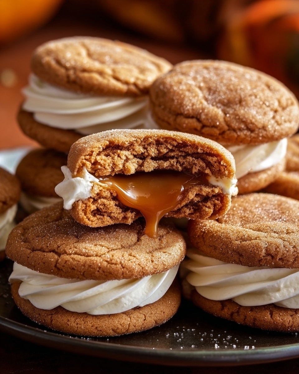 The image shows a stack of soft brown cookies with a rough texture on a white marbled surface. Each cookie sandwich has two cookies with a thick layer of white cream in the middle. One cookie sandwich is broken open, revealing a smooth caramel sauce dripping from the center, contrasting with the white cream inside. The cookies have a slightly cracked surface and are arranged close to each other with warm autumn colors in the background. Photo taken with an iphone --ar 4:5 --v 7