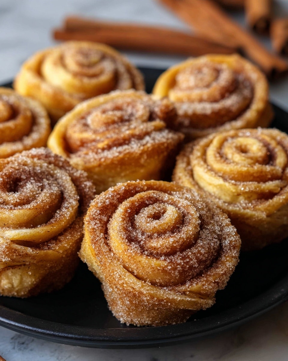 Seven cinnamon sugar swirls sit closely on a black cast iron pan with a slight shine and textured surface. Each swirl is made of multiple thin layers of golden brown crispy dough, spiraled from the center outward, with some edges darker and caramelized. The dough layers are coated evenly with a light dusting of fine white sugar and cinnamon powder, adding a grainy texture on top. The background shows a dark wooden surface partially covered by a dark purple cloth and a round wooden bowl filled with more cinnamon sugar. The overall scene has warm tones and a cozy feel. Photo taken with an iphone --ar 4:5 --v 7