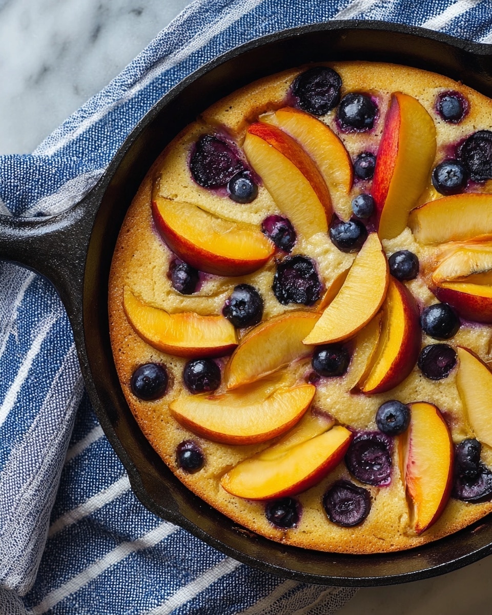 A close-up view of a single slice of fruit-topped cake being lifted from a black pan by a silver spatula, showing one thick cake layer with a light golden-brown color and a soft texture. The top layer is scattered with soft blueberries that have released some dark purple juice and thin slices of reddish and yellowish fruit, likely peach and plum. The background shows the rest of the cake inside the pan on a white marbled surface with a blue and white striped cloth blurred behind it. Photo taken with an iphone --ar 4:5 --v 7