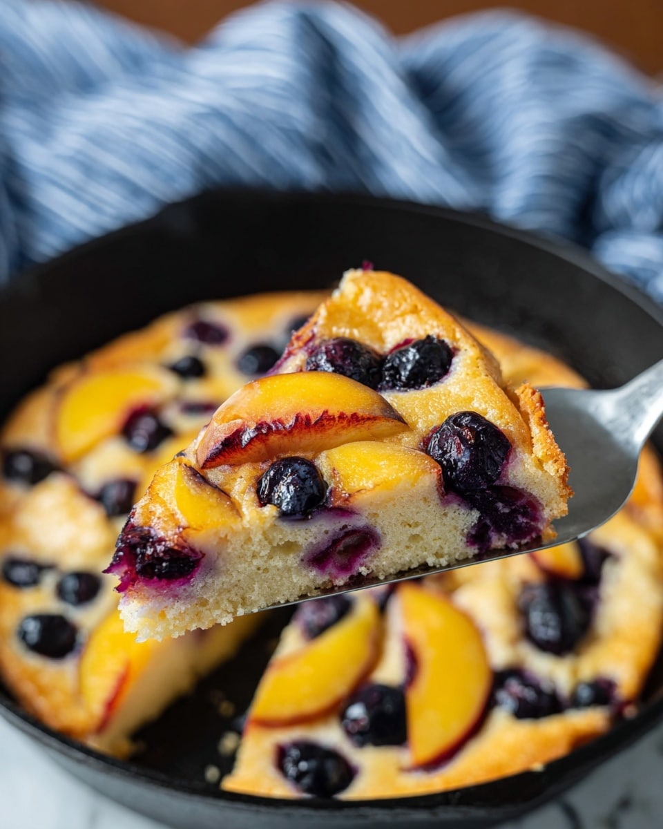 A round baked dessert in a black skillet shows a top layer of golden-brown cake with many slices of mixed stone fruits like peaches, nectarines, and plums, arranged in a semi-random pattern, with whole blueberries scattered in between. The fruit slices have warm colors like yellow, orange, red, and purple, contrasting with the fluffy, light yellow cake base that is spongy and slightly uneven in texture, filling the entire skillet. The skillet is placed on a soft cloth with blue and white stripes, all set on a white marbled surface. photo taken with an iphone --ar 4:5 --v 7