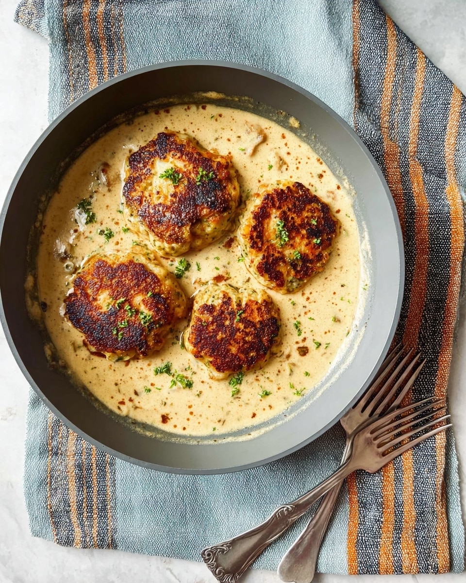 The image shows a gray frying pan filled with four browned patties placed unevenly in a creamy, light beige sauce with specks of herbs, creating a thick texture. The patties are golden brown with some darker crispy spots and look soft inside. Green herb sprinkles are scattered on the sauce, adding color contrast. The pan rests on a light blue cloth with dark blue and orange stripes, all set on a white marbled surface. Two forks are placed on the cloth near the pan. Photo taken with an iphone --ar 4:5 --v 7
