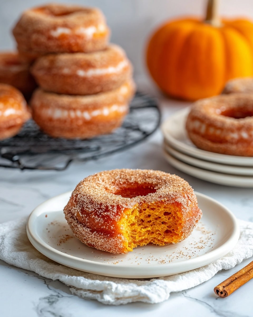 A single round donut sits on a plain white plate on a white marbled surface, with a bite taken out showing the dense, moist orange inside. The donut is coated with a light layer of sugar and cinnamon, giving it a slightly grainy texture on top. In the background, more donuts are stacked on a black wire cooling rack and on another white plate, all dusted with the same sugar and cinnamon mix. A whole orange pumpkin rests out of focus in the back right, adding a warm seasonal touch. A piece of cinnamon stick lies near the plate on the marbled surface, and a white cloth napkin is carefully placed under the plate. The lighting emphasizes the donut’s warm colors and soft texture. photo taken with an iphone --ar 4:5 --v 7