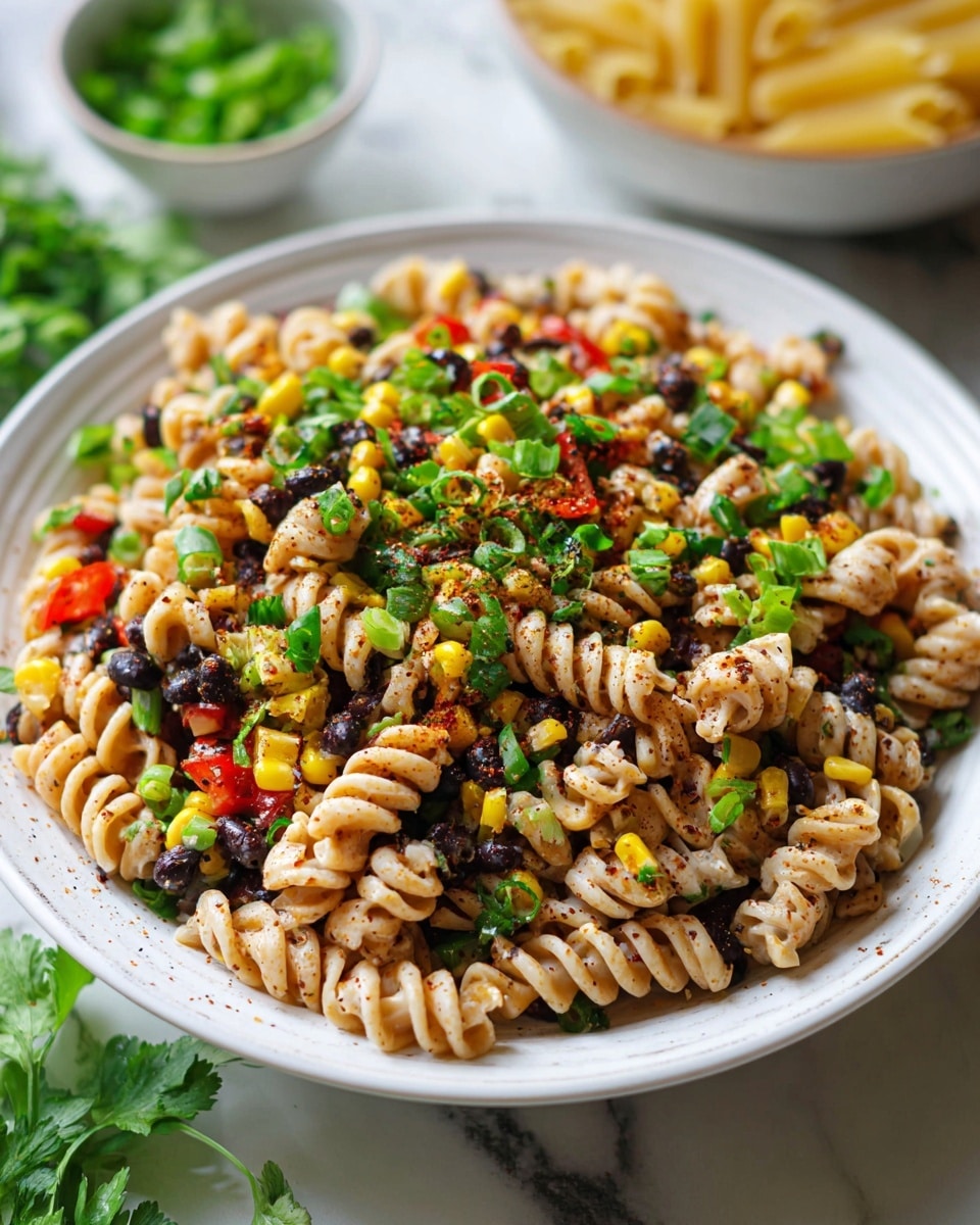 A close-up of a white plate filled with a colorful pasta salad made of three main layers. The bottom layer shows small spiral pasta pieces in a light beige color scattered evenly. Above this are layers of dark black beans, bright yellow corn kernels, and red bell pepper chunks mixed in. The top layer is fresh green chopped scallions and herbs, finished with a sprinkle of dark chili powder seasoning that adds texture and a slight reddish-brown contrast. The dish is placed on a white marbled surface with blurred hints of uncooked pasta in a white bowl and green herbs around. Photo taken with an iphone --ar 4:5 --v 7