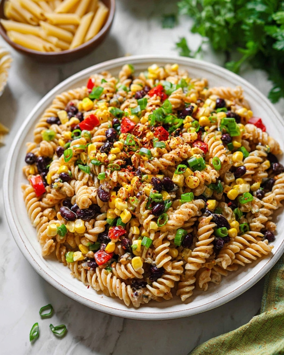 The dish is a white bowl filled with three layers. The bottom layer is spiral pasta, beige in color with a slight texture from cooking. The middle layer consists of black beans and yellow corn kernels mixed with small pieces of red and green bell peppers, adding bright pops of color. The top layer has chopped green onions sprinkled all over, with wedges of fresh green lime placed evenly on top. The whole dish is lightly dusted with a white crumbly cheese and a reddish-brown spice powder, creating a colorful, fresh, and textured look. The bowl is placed on a dark wooden table with some scattered pasta, green herbs, and golden cutlery around. Photo taken with an iphone --ar 4:5 --v 7