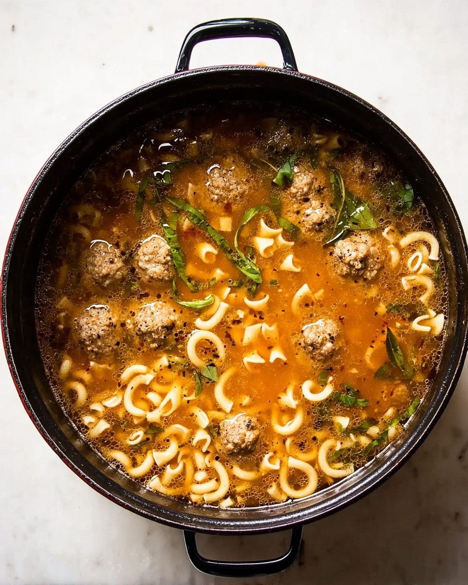 A black pot filled with a soup showing three clear layers: the bottom layer is a light brown broth with visible tiny herbs and spices, the middle layer contains small round meatballs in a brown color scattered evenly throughout, and the top layer has short curved pasta pieces in a pale yellow color floating on the surface. Fresh green basil leaves are thinly sliced and scattered on top, adding touches of bright green. The pot is placed on a white marbled texture surface. Photo taken with an iphone --ar 4:5 --v 7