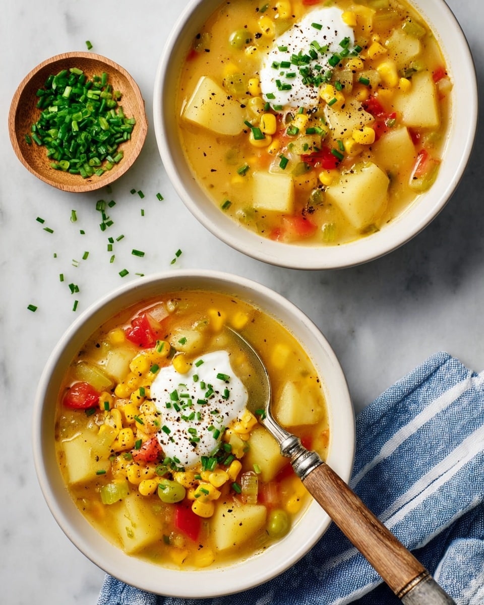 Two white bowls of creamy vegetable soup sit on a white marbled surface. Each bowl contains broth filled with chunky pieces of yellow potatoes, bright yellow corn kernels, pale green celery slices, and small red tomato bits. On top of the soup in each bowl is a dollop of white sour cream sprinkled with finely chopped green chives and black pepper. A metal spoon with a wooden handle rests inside the bottom bowl, partly submerged in the soup. To the left, there is a small round wooden dish with chopped green chives, some scattered on the surface near it. A blue and white striped cloth napkin lies under the bottom bowl, adding a soft texture. The light highlights the smooth creamy texture of the soup and the fresh look of the vegetables. photo taken with an iphone --ar 4:5 --v 7