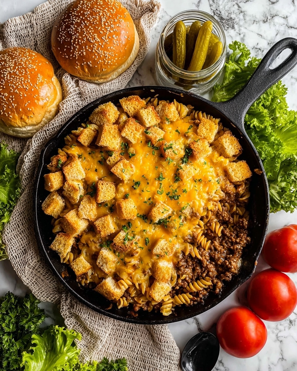 The image shows a black skillet filled with a baked pasta dish that has two main layers. The bottom layer has spiral pasta mixed with cooked ground meat, both brown and textured, covered lightly with melted cheese. The top layer consists of golden brown baked bread cubes with melted cheddar cheese and sesame seeds on top, sprinkled with small green herb pieces. The skillet sits on a white marbled surface with blurred red tomatoes and green leaves in the background. photo taken with an iphone --ar 4:5 --v 7