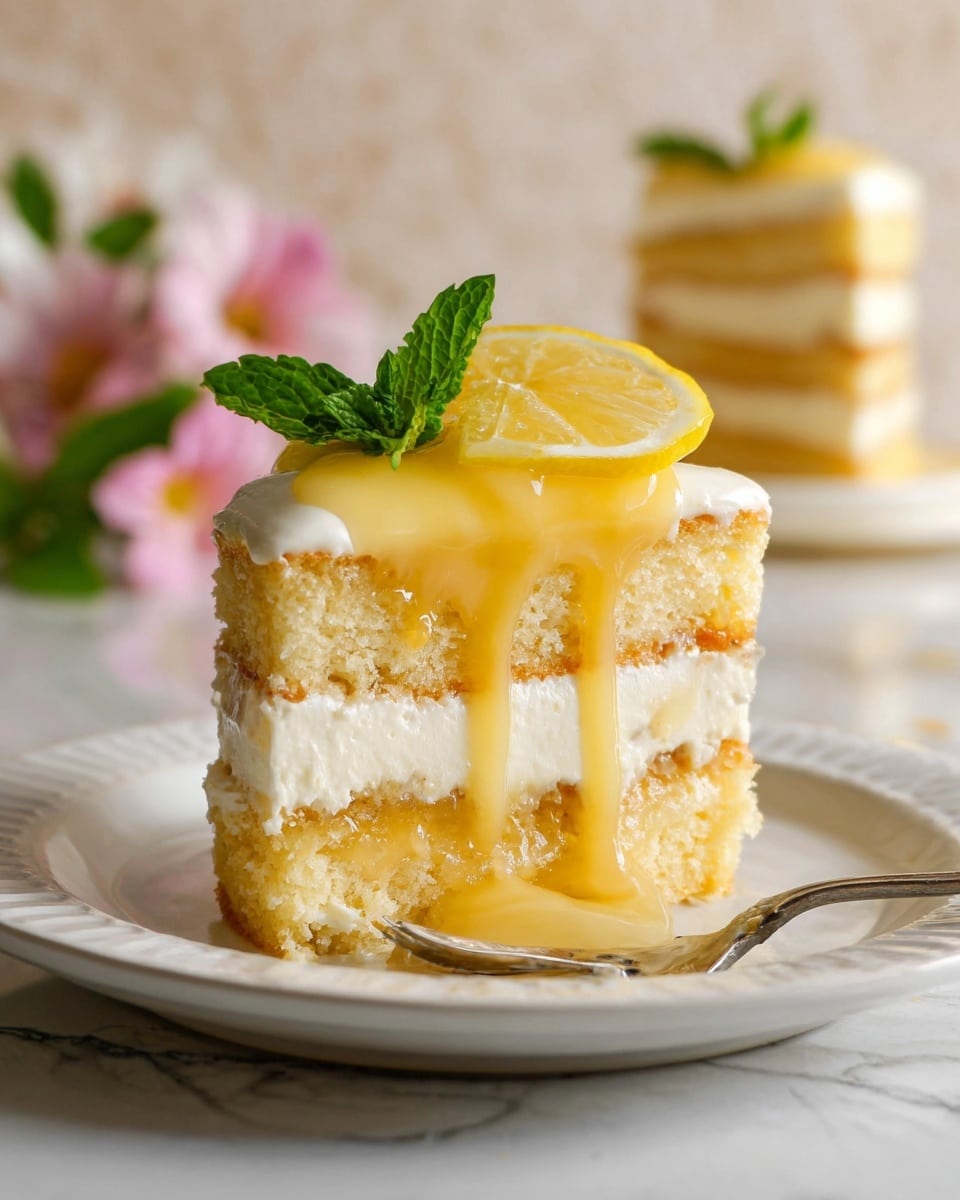A square piece of layered cake on a white plate with a thin black rim, set on a white marbled surface. The cake has three layers of light sponge cake with white creamy filling between each layer. On top, a smooth glossy yellow sauce drips slightly over the edge. Garnished with a fresh green mint sprig and a small slice of bright yellow lemon placed on top. In the blurry background, more cake pieces and soft pink flowers add gentle color. Photo taken with an iphone --ar 4:5 --v 7