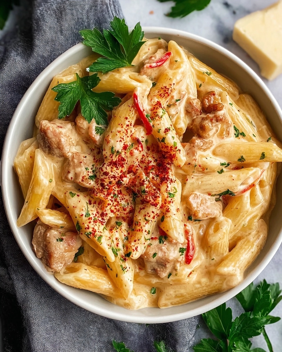 A white bowl filled with creamy pasta topped with small pieces of light brown meat and thin slices of red pepper, all mixed well in a thick pale yellow sauce. The penne pasta is smooth and glossy, covered in sauce, with some green parsley leaves scattered on top and a light sprinkle of red spice powder. The bowl sits on a grey cloth, with a white marbled surface underneath and bits of cheese and parsley around. Photo taken with an iphone --ar 4:5 --v 7