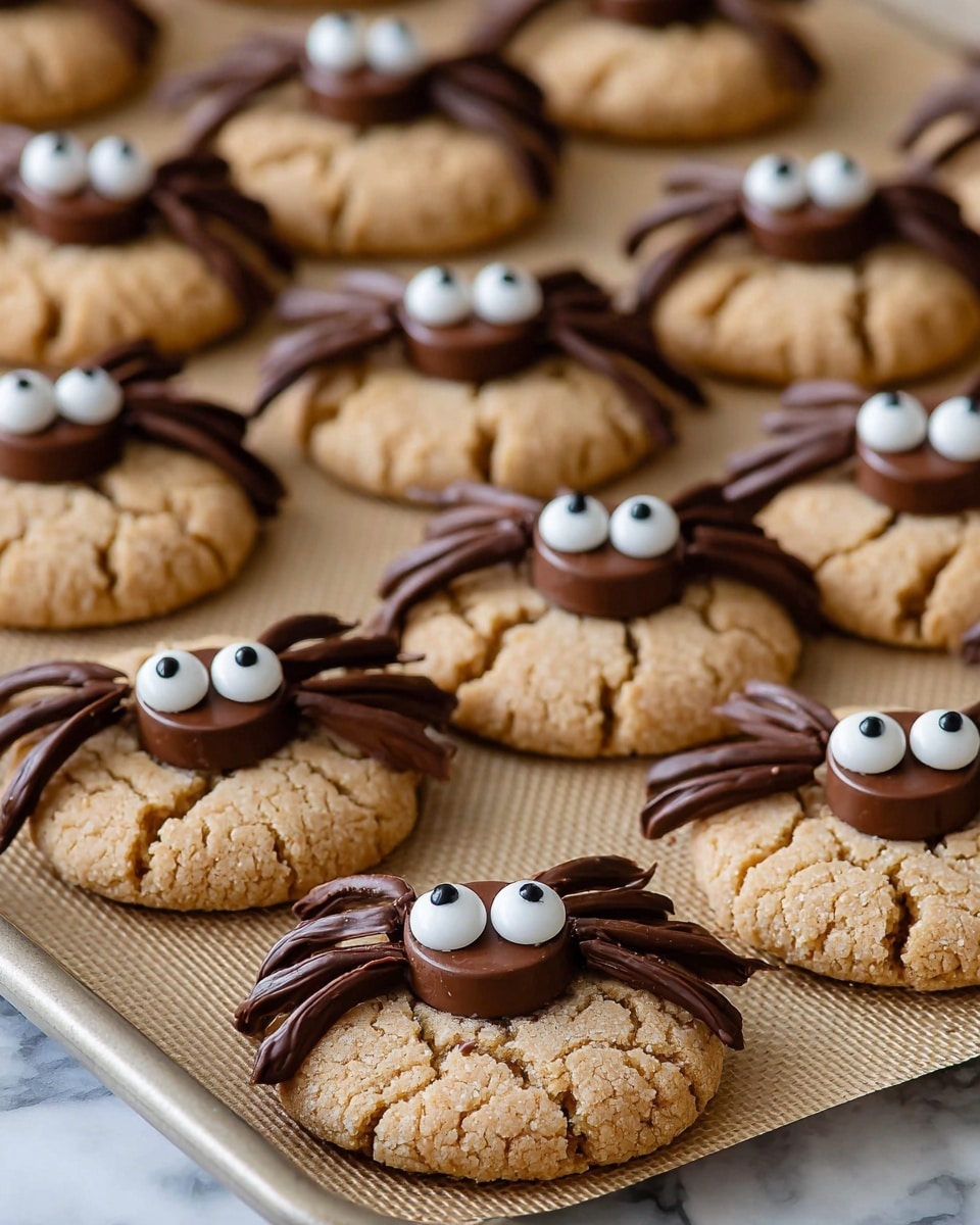 The image shows many round cookies with a cracked light brown texture, arranged on a baking tray lined with a beige mat. Each cookie has a small round chocolate piece placed in the center as the top layer. Around this chocolate piece, there are eight dark brown chocolate lines, shaped like spider legs, spread evenly in pairs on both sides. Two large white candy eyes with black pupils are positioned at the front of each chocolate piece, giving the cookies a playful spider look. The background is a white marbled texture. photo taken with an iphone --ar 4:5 --v 7