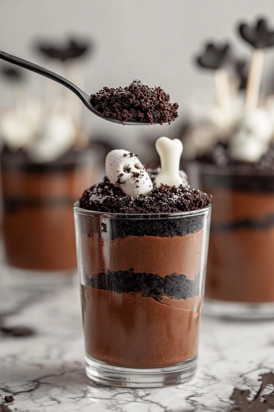 Halloween Graveyard Pudding Cups, spooky Halloween dessert, festive Halloween treats, easy Halloween pudding recipes, kids Halloween party desserts - The dessert is in a clear glass with four layers starting with dark chocolate mousse at the bottom, followed by a layer of crushed chocolate cookie crumbs in dark brown, then another layer of chocolate mousse, and finally more crushed cookie crumbs on top. On the surface, there is a round white ghost-shaped candy with black eyes and mouth, a light beige cookie shaped like a gravestone with