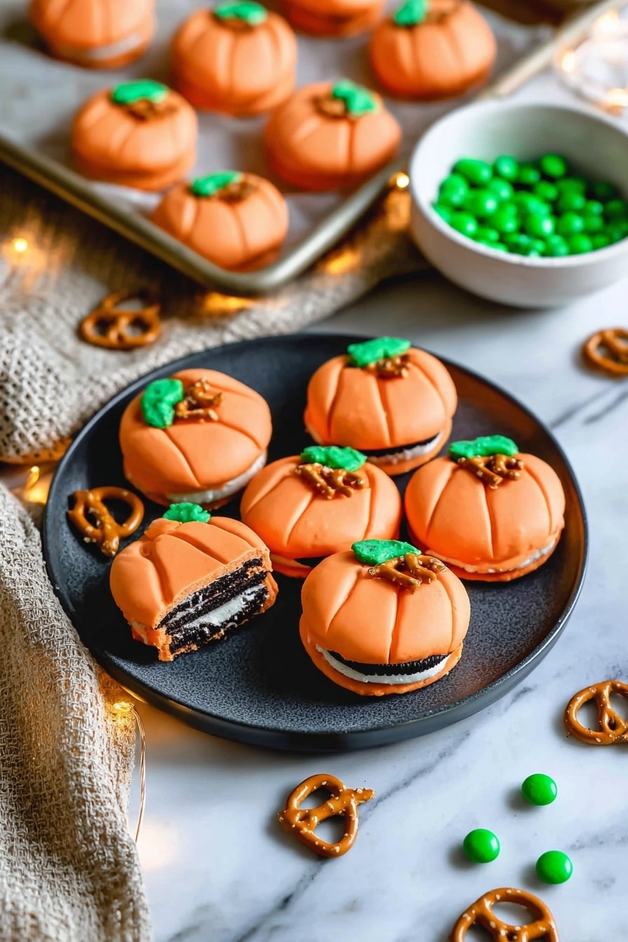 Halloween Pumpkin Cookies, Halloween Pumpkin Cookies recipe, festive pumpkin cookies, Oreo pumpkin cookies, fun Halloween treats - The image shows a group of small pumpkin-shaped treats made by dipping sandwich cookies in smooth orange coating. Each treat has a small brown pretzel piece as a pumpkin stem on top and two green candy pieces as leaves. The pumpkin cookies are arranged on a used baking tray with a few regular sandwich cookies nearby, some with white filling visible. To the right, several pumpkin cookies are placed on a white marbled surface next to a dark grey plate holding more pumpkins. A white bowl containing a few pretzels and green candies sits on the upper left of the tray. The bottom left corner has a textured beige and white cloth. Soft warm string lights add a cozy feel. Photo taken with an iphone --ar 2:3 --v 7