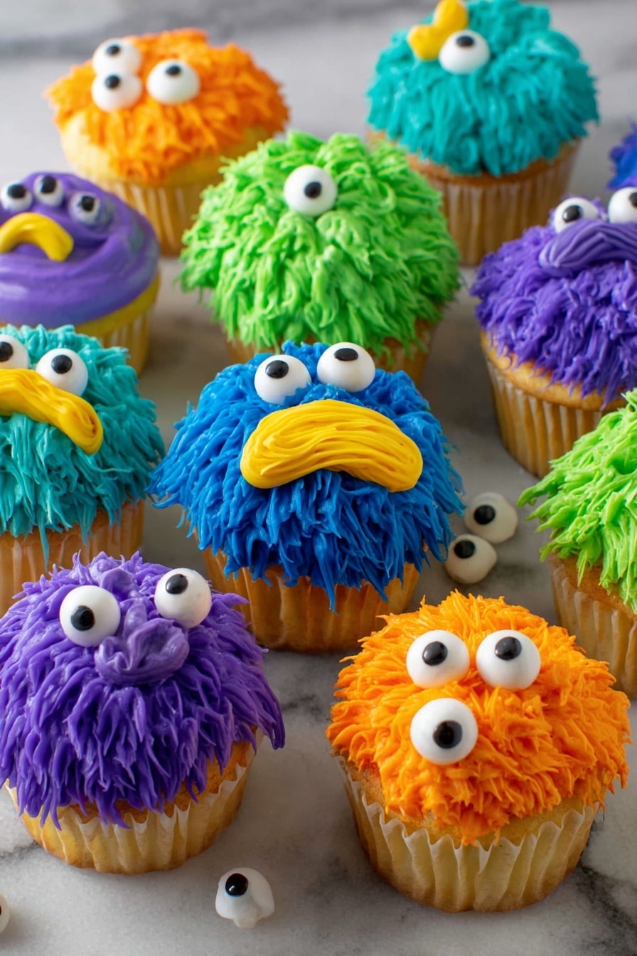 Monster Cupcakes, colorful cupcake decorating ideas, fun kids' desserts, whimsical cupcake recipes, easy monster cupcake tutorial - A group of colorful cupcakes are shown on a white marbled surface. Each cupcake has one main yellow cake layer topped with a thick layer of piped frosting designed to look like funny monsters. The frosting colors include bright purple, blue, green, and orange. The frosting is piped in long wavy clumps that create a fuzzy, textured look. Each cupcake has two small white candy eyes on top, with different yellow frosting shapes below the eyes to form mouths or noses, making each cupcake look like a silly monster face. Several white candy eyes are scattered on the surface around the cupcakes. Photo taken with an iphone --ar 2:3 --v 7