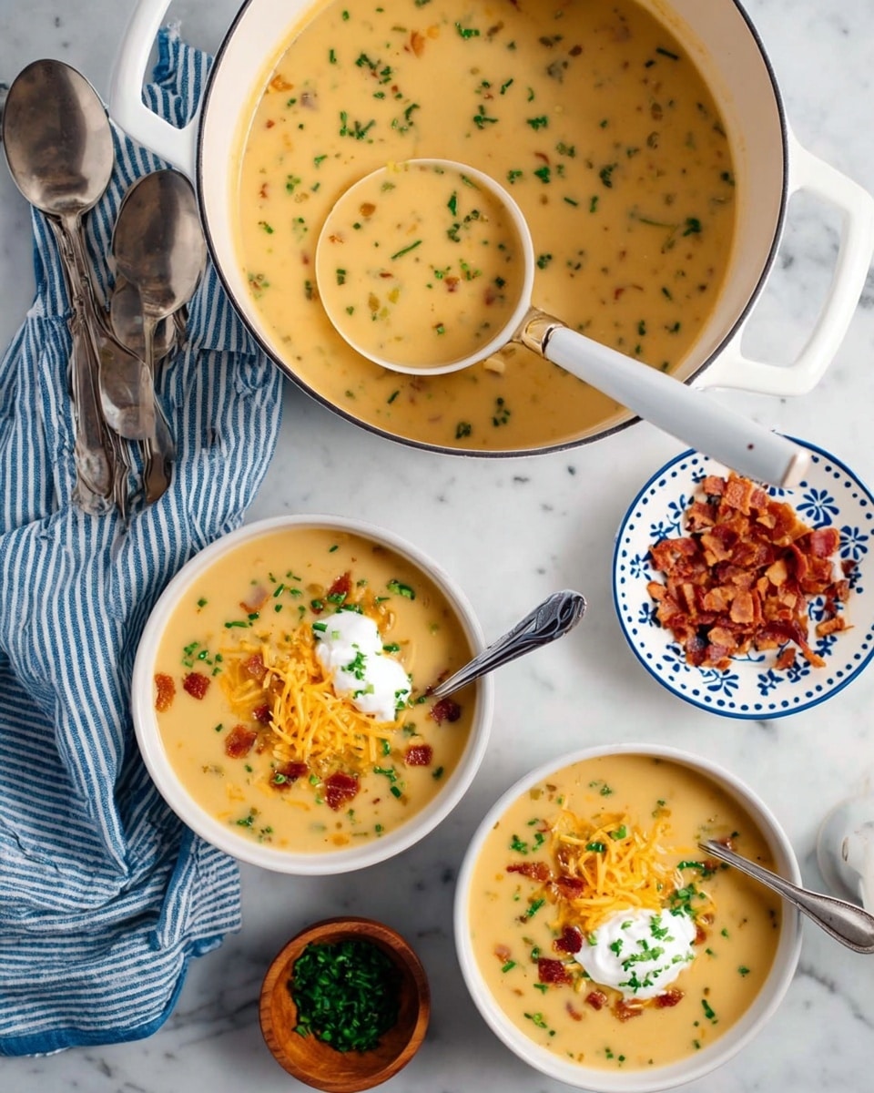 The image shows a large white pot filled with creamy light yellow soup with small green herb pieces sprinkled on top. Inside the pot is a white ladle scooping the soup. Below the pot, there are two white bowls filled with the same soup, each topped with a dollop of white sour cream, shredded yellow cheese, small red-brown bits, and green herbs. A spoon rests inside each bowl. On the white marbled surface next to the bowls, there is a small white plate with blue dots filled with red-brown crispy pieces and a small wooden bowl with chopped green herbs. Two silver spoons also lie on the surface nearby. A blue and white striped cloth is partly underneath the pot. The photo was taken with an iphone --ar 4:5 --v 7