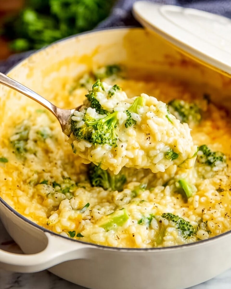 A white pot filled with creamy yellow risotto with green broccoli pieces mixed inside. The risotto looks soft and thick, with a smooth texture and specks of black pepper. A metal spoon is lifting a spoonful of the risotto showing the mix of rice and broccoli clearly. The pot is on a white marbled surface, and the background is blurry with some green leaves. The lid of the pot is slightly open on the right side. photo taken with an iphone --ar 4:5 --v 7