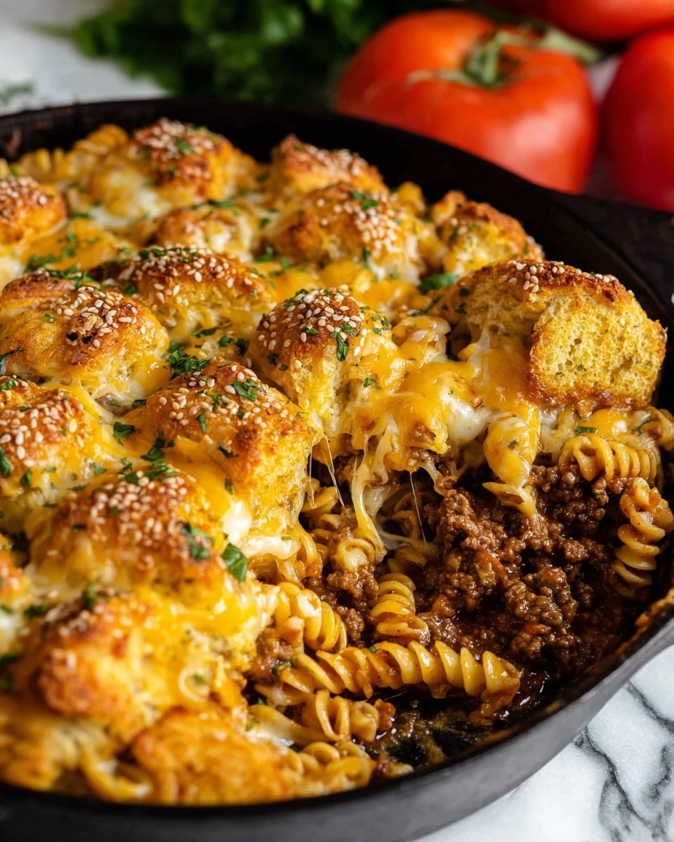 A black cast iron skillet holds a layered dish starting with a base of spiral pasta in a light brown sauce mixed with ground beef, mostly visible on the right side; the middle layer is melted yellow cheddar cheese that covers the center, topped with golden brown toasted crouton-like bread cubes sprinkled with small bits of green herbs. The skillet sits on a white marbled surface with a beige textured cloth beneath. Around the skillet are two sesame seed buns to the upper left, a clear jar of pickle slices, four red tomatoes on green stems to the upper right, dark green leafy lettuce to the lower left, and a black serving spoon near the skillet’s handle. photo taken with an iphone --ar 4:5 --v 7