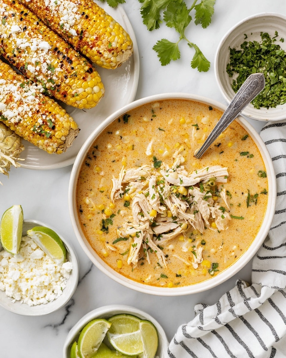 A white bowl filled with creamy chicken corn soup, showing shredded white chicken and bright yellow corn kernels mixed in a light orange broth with green herbs scattered throughout; a silver spoon rests inside the bowl. Near it, a white plate holds three grilled corn on the cobs with charred edges, topped with white cheese and sprinkled with reddish seasoning. Around these are small white bowls, one with chopped green herbs and another with crumbly white cheese, along with lime wedges placed directly on the white marbled surface. Fresh sprigs of green cilantro add color near the plate. The scene is bright and clean, with a white and black striped cloth partially visible on the corner. photo taken with an iphone --ar 4:5 --v 7