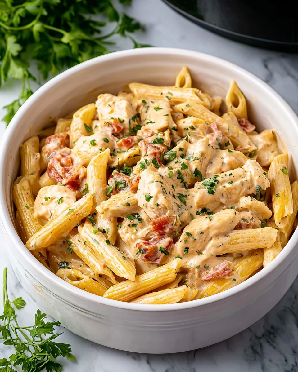 A white bowl filled with creamy pasta showing three main layers: light yellow penne pasta, white chunks of cooked chicken, and small pieces of red tomatoes mixed throughout. The sauce is beige and creamy, coating each pasta and chicken piece smoothly. Small green herb bits are sprinkled on top, adding a fresh color touch. The bowl rests on a white marbled surface with some green herbs placed on the side. photo taken with an iphone --ar 4:5 --v 7