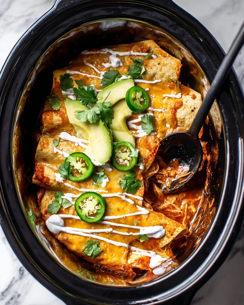 A black slow cooker filled with layered enchiladas, where the bottom layer is reddish-orange sauce soaked tortillas, topped with melted yellow cheese that covers each folded tortilla. On top, there are two groups of thin avocado slices, several round green jalapeño slices, and fresh green cilantro leaves scattered throughout. Thin lines of white sour cream are drizzled in a zigzag pattern across the enchiladas. A black spoon is scooping into the dish on the right side, revealing a rich, saucy inside with more shredded filling. The slow cooker sits on a white marbled surface. Photo taken with an iphone --ar 4:5 --v 7