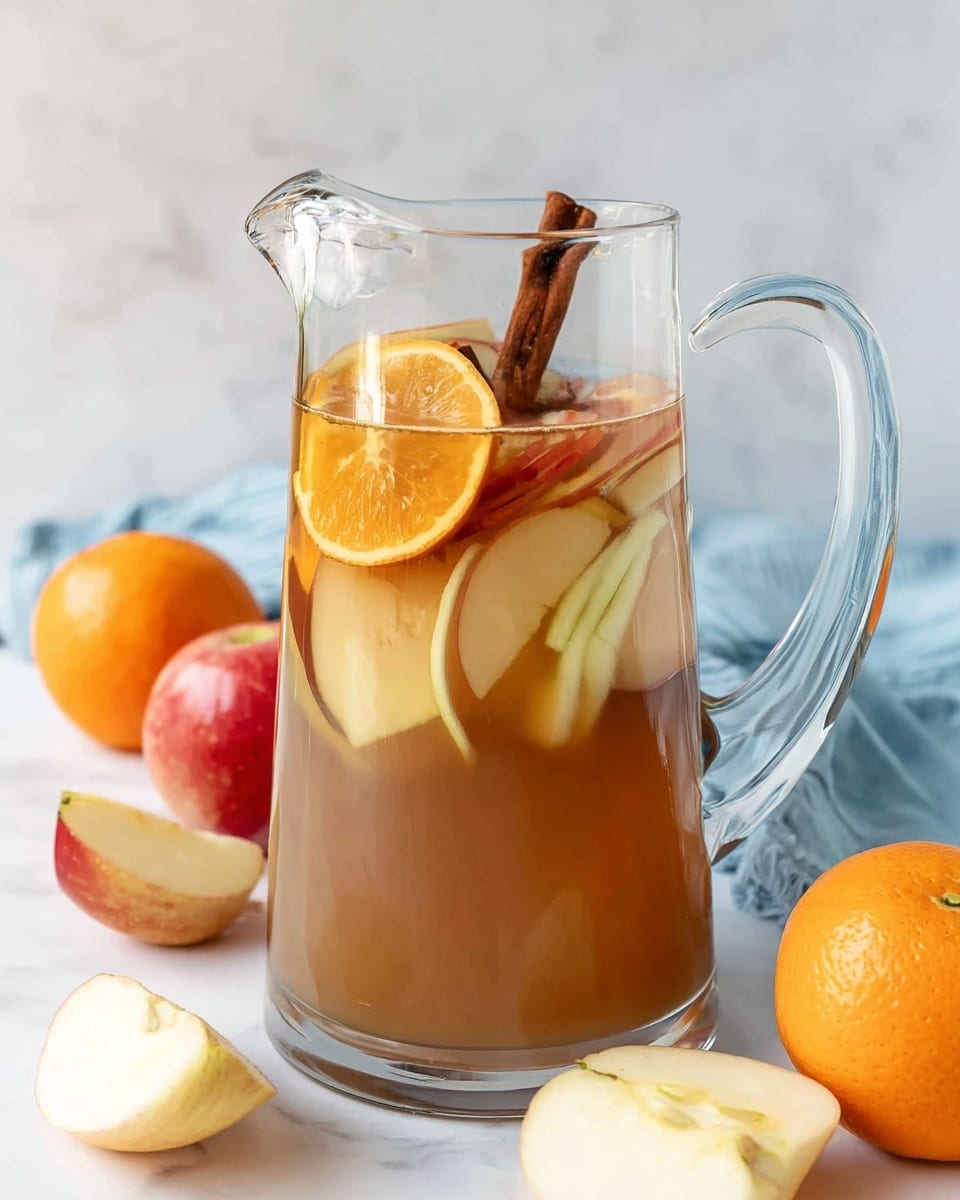 The image shows a tall clear glass filled with a light brown drink layered with lots of small ice cubes, topped with an orange slice and one cinnamon stick resting diagonally inside the glass. Behind it, two more tall clear glasses are filled with the same drink, ice, and similar garnishes, slightly out of focus. The glasses sit on a light blue cloth that lays softly over a white marbled surface, with a plain white background. The drink has a smooth texture and a refreshing look with warm tones from the orange slice and cinnamon stick. Photo taken with an iphone --ar 4:5 --v 7