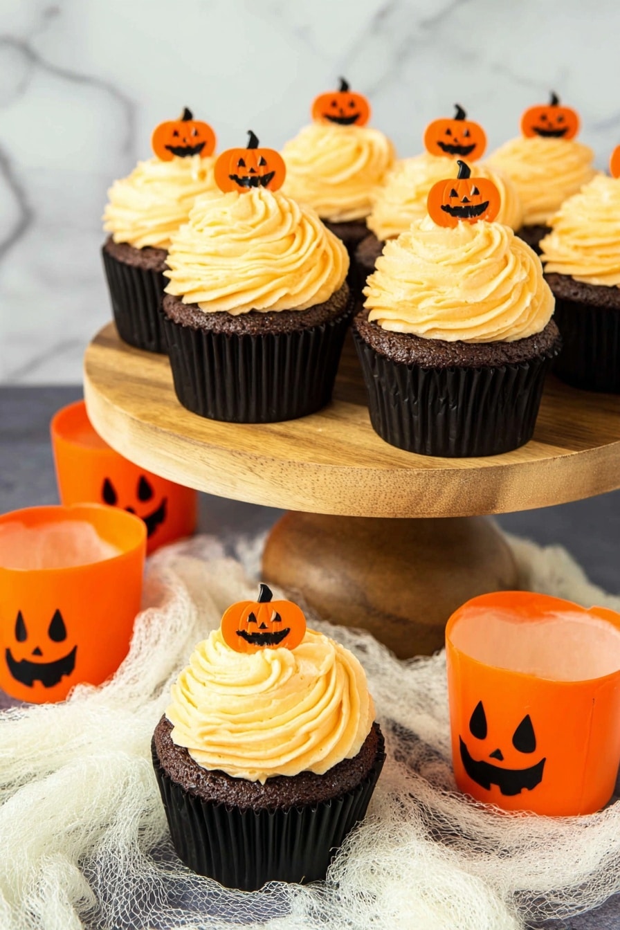 Jack-O-Lantern Halloween Pumpkin Cupcakes Salted Caramel Pumpkin Buttercream, Halloween Pumpkin Cupcakes with Salted Caramel, Fall Pumpkin Cupcake Recipe, Festive Halloween Cupcakes, Pumpkin Spice Halloween Dessert - The image shows six cupcakes, each with one dark brown cupcake base in a black wrapper, topped with a thick swirl of light orange frosting in a spiral pattern. Each cupcake has a small orange pumpkin decoration with a carved face on top of the frosting. Five cupcakes are on a small wooden cake stand with a smooth texture, and two cupcakes sit below on a white marbled surface that has a wispy white fabric nearby. There are two orange plastic pumpkin containers with jack-o-lantern faces beside the cupcakes. The photo taken with an iphone --ar 2:3 --v 7