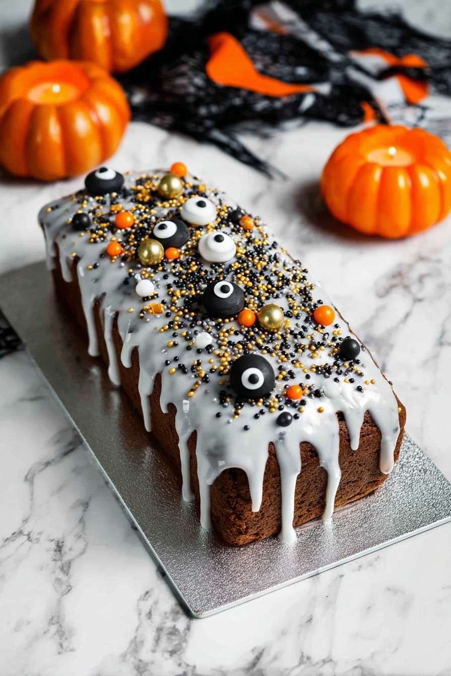 Orange and Black Halloween Marble Cake, Halloween marble cake recipe, festive marble cake, spooky marble cake for Halloween, easy Halloween cake recipe - A rectangular chocolate cake sits on a silver board on a white marbled surface, covered with a thick layer of white icing that drips down the sides unevenly. The top is decorated with small round sprinkles in black, orange, and gold colors scattered all over, along with larger black, gold, and white candy balls, some resembling eyes with black dots in the center. In the background, there are two small orange pumpkin-shaped candle holders and a piece of black and orange fabric lies nearby, adding a Halloween theme to the image. The photo taken with an iphone --ar 2:3 --v 7