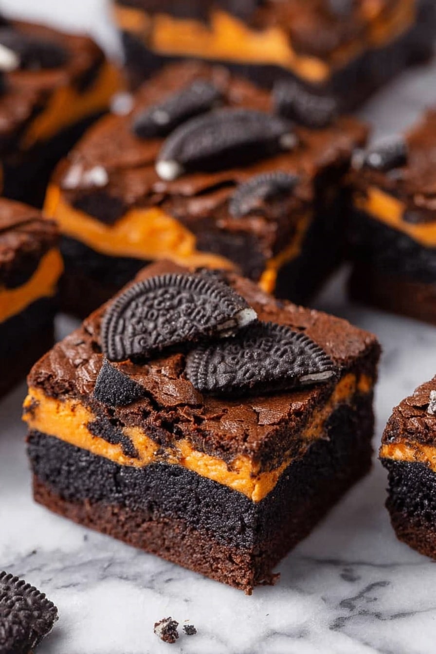 Halloween Oreo Stuffed Brownies, Halloween dessert recipes, chocolate brownie recipes, Oreo stuffed treats, spooky Halloween desserts - The image shows several square-shaped brownies with three visible layers. The bottom and top layers are dark brown, soft, and textured like rich chocolate brownie. In between, there is a bright orange layer matching the color of the filling of orange cream cookies. The top layer is decorated with broken pieces of black and orange sandwich cookies, scattered unevenly across the surface. The brownies are arranged closely on a white marbled texture. The focus is sharp on the center brownies, showing glossy texture and small cracks on the top layer. Photo taken with an iphone --ar 2:3 --v 7