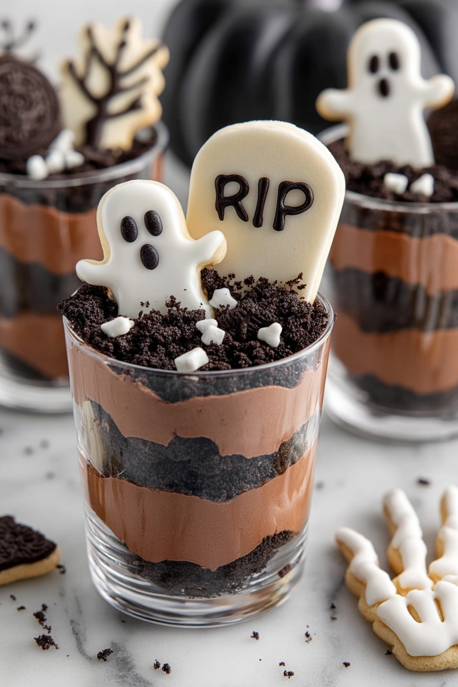 Halloween Graveyard Pudding Cups, spooky Halloween dessert, festive Halloween treats, easy Halloween pudding recipes, kids Halloween party desserts - The image shows a small clear glass with three main layers, placed on a white marbled texture. The bottom layer is thick and dark brown chocolate pudding. The middle layer is a darker, crumbly chocolate soil. The top has a small pile of crumbly chocolate with two small white candy decorations shaped like a skull and a bone. A black plastic spoon holds a scoop from the top, showing the textures close up. In the background, there are more glasses with similar layers and white chocolate shapes on sticks. Photo taken with an iphone --ar 2:3 --v 7