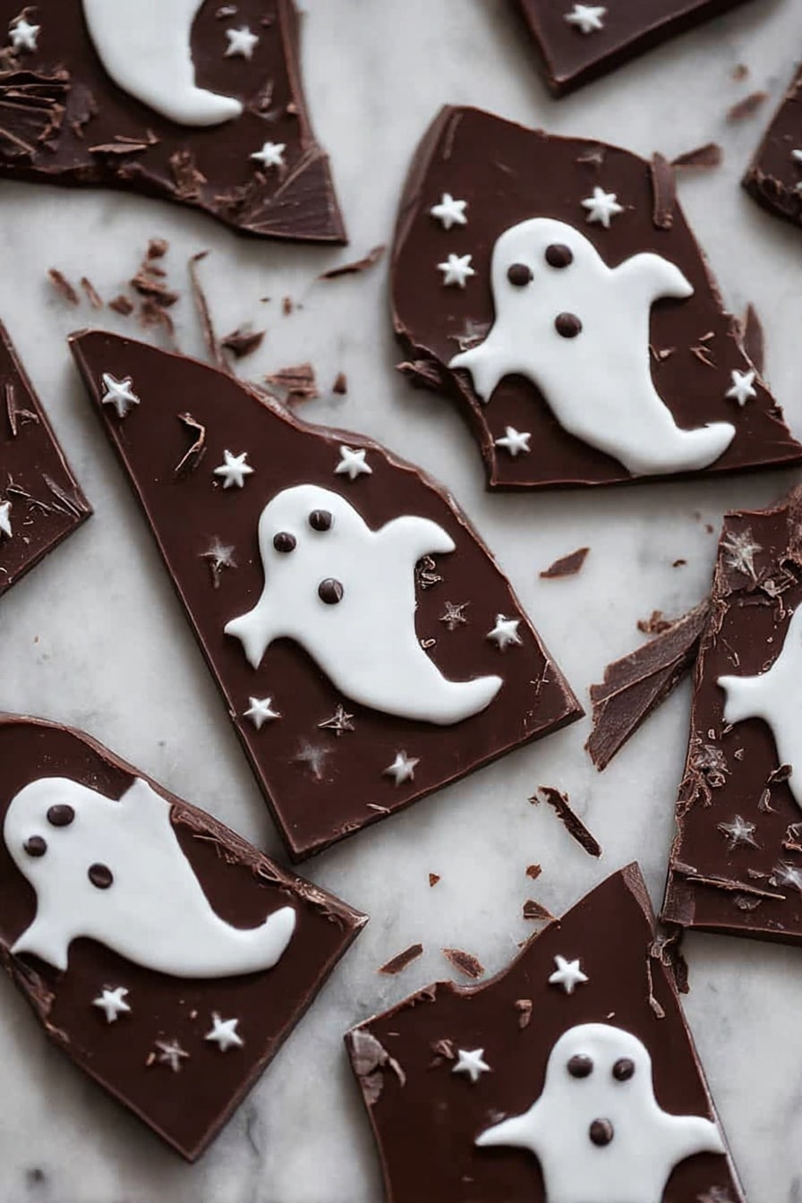 Halloween 3 Ingredient Ghost Bark, easy Halloween treats, no-fuss spooky desserts, quick ghost bark recipe, simple Halloween party snacks - Several pieces of dark brown chocolate bark are spread over a white marbled surface. Each piece has a smooth top layer decorated with small white ghost shapes with round eyes and mouths, giving a Halloween feel. Around the larger ghost shapes are tiny white star-like sprinkles that add texture and contrast to the dark chocolate base. The chocolate pieces are broken unevenly, showing sharp edges and some chocolate shavings. The overall look is simple but festive, with dark and white colors standing out clearly against the marbled background. photo taken with an iphone --ar 2:3 --v 7