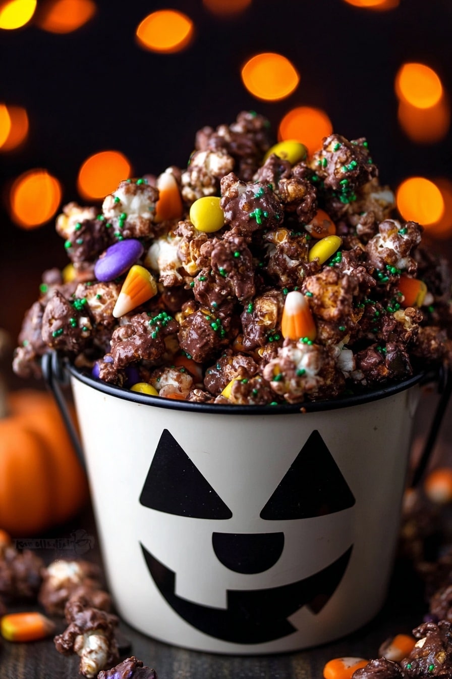Halloween Chocolate Popcorn Treats, Halloween popcorn snacks, festive Halloween candy, easy Halloween party treats, spooky popcorn recipes - The image shows a pile of popcorn mixed with colorful candy pieces covered in a thick layer of chocolate. The popcorn is unevenly coated with chocolate, giving a rough texture, and is scattered with green and orange sprinkles. There are also candy pieces in purple, orange, and yellow, partially visible under the chocolate. All of this is inside a white bucket that has a black jack-o'-lantern face on it. The background is dark with blurry orange and yellow round lights, creating a cozy Halloween feel. photo taken with an iphone --ar 2:3 --v 7