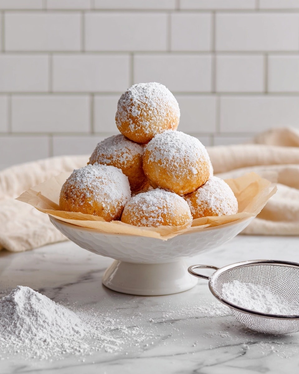A white plate holds seven golden-brown round dough balls stacked in a pyramid shape, each dusted with a light layer of white powdered sugar. The dough balls sit on crumpled parchment paper that lines the plate. Above them, a woman's hand holds a metal sieve, sprinkling more powdered sugar, creating a falling dust effect. The scene is set on a white marbled surface with some scattered powdered sugar and a blurred white tile background. Photo taken with an iphone --ar 4:5 --v 7