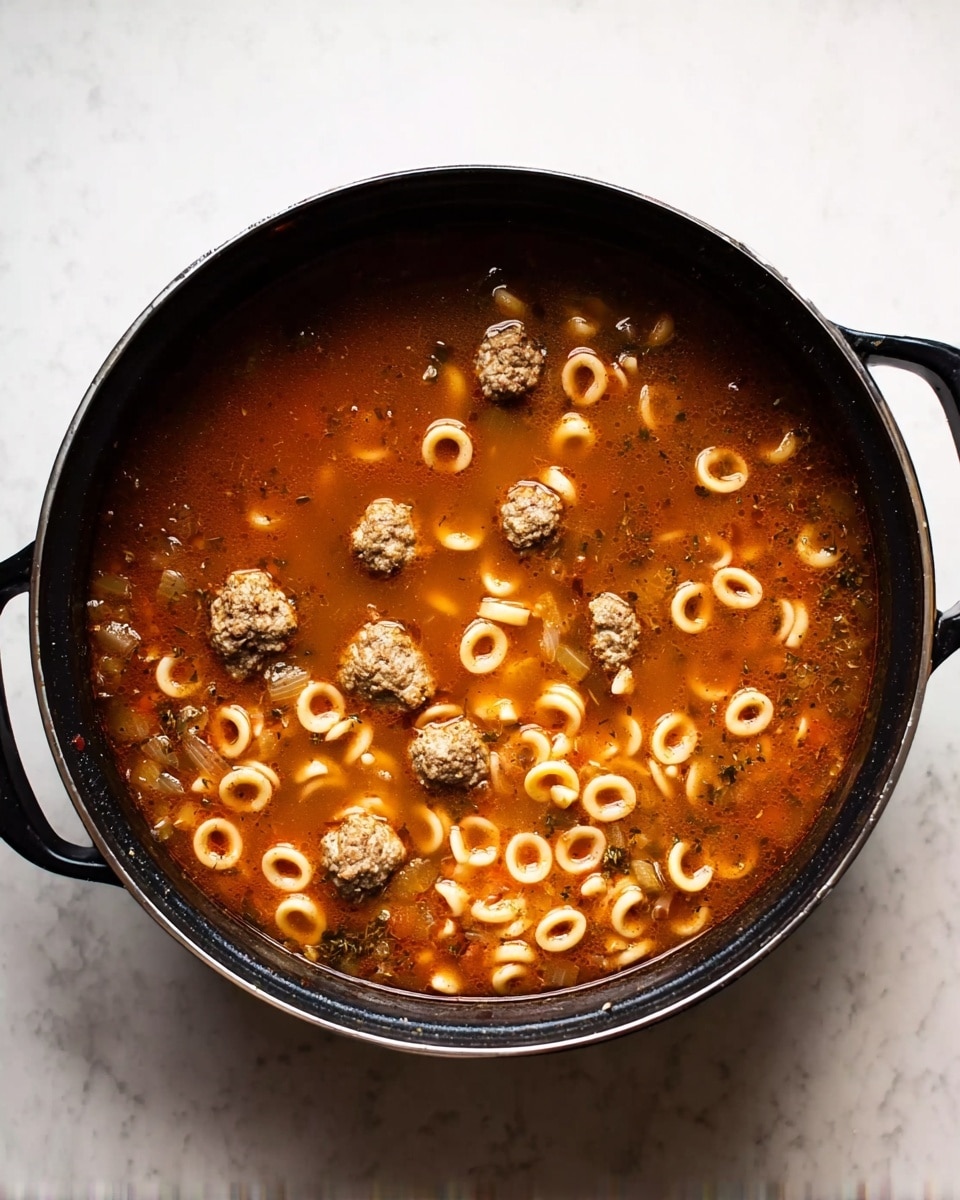 A large black pot filled with a warm, reddish-brown broth that has small meatballs and light beige pasta shaped like little rings and short tubes floating inside. The soup looks hearty with visible herbs and small pieces of vegetables, creating a textured surface. The pot sits on a white marbled surface. photo taken with an iphone --ar 4:5 --v 7