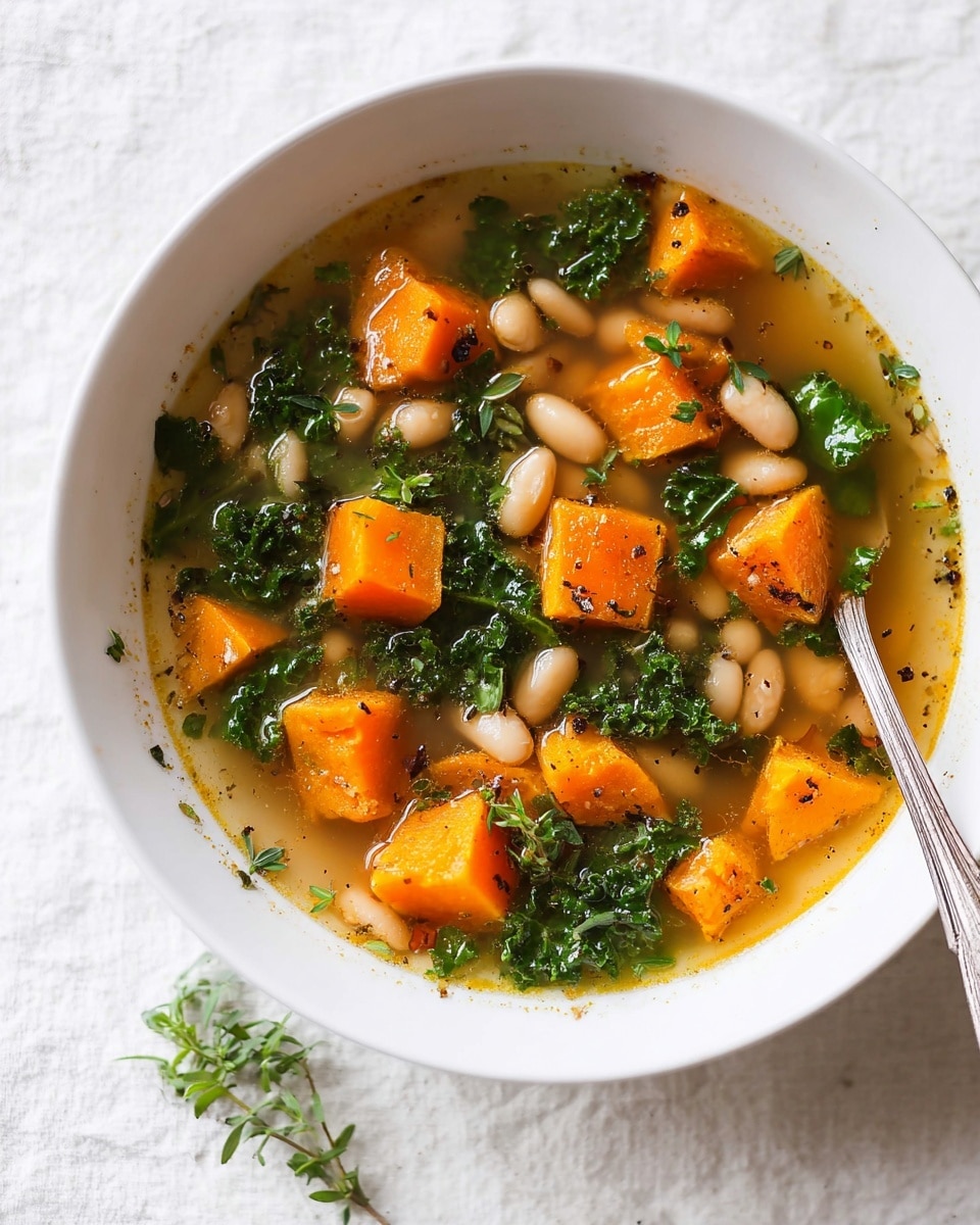 A white bowl filled with a clear broth soup containing bright orange roasted cubes of squash, creamy white beans, and dark green leafy kale pieces scattered throughout. Small green herb leaves float on the surface, adding texture and color. A silver spoon rests inside the bowl on the right side. The bowl sits on a white marbled textured surface with a few loose herb leaves beside it. Photo taken with an iphone --ar 4:5 --v 7