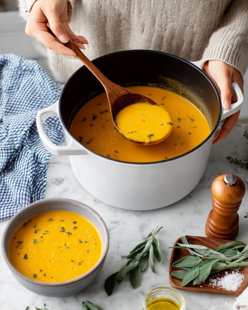 A woman's hand is holding a wooden spoon scooping bright orange creamy soup with green herb pieces from a white pot with black inside, into a gray ceramic bowl held by another woman's hand. The pot sits on a white marbled surface with a blue checkered cloth on the left and a wooden pepper grinder on the right. In front, there is a small wooden dish with salt and fresh sage leaves beside a small glass jar of oil. Photo taken with an iphone --ar 4:5 --v 7