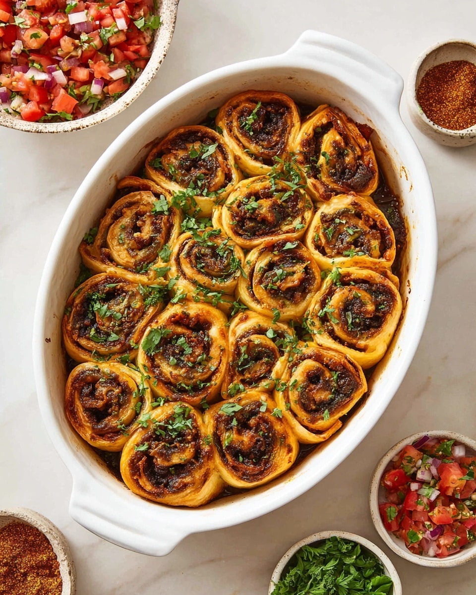 A white oval baking dish filled with two layers of spiral pastries, each roll golden brown and crispy on the edges with a dark savory filling inside. The rolls are close-packed, topped with scattered green herb leaves. Around the dish, small white bowls hold fresh tomato salsa with red and green diced vegetables, leafy greens, and a reddish spice mix, all set on a white marbled surface. Photo taken with an iphone --ar 4:5 --v 7