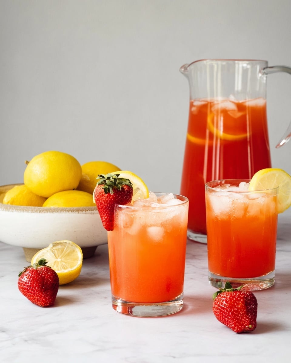 The image shows two short clear glasses filled with a reddish-orange drink containing ice cubes, each glass topped with a yellow lemon slice and a red strawberry with green leaves. Behind the glasses is a tall clear glass pitcher filled with the same reddish-orange drink. To the left, there is a white bowl holding three bright yellow lemons, and three additional strawberries are placed on the white marbled surface around the glasses. The background is a plain light gray. photo taken with an iphone --ar 4:5 --v 7