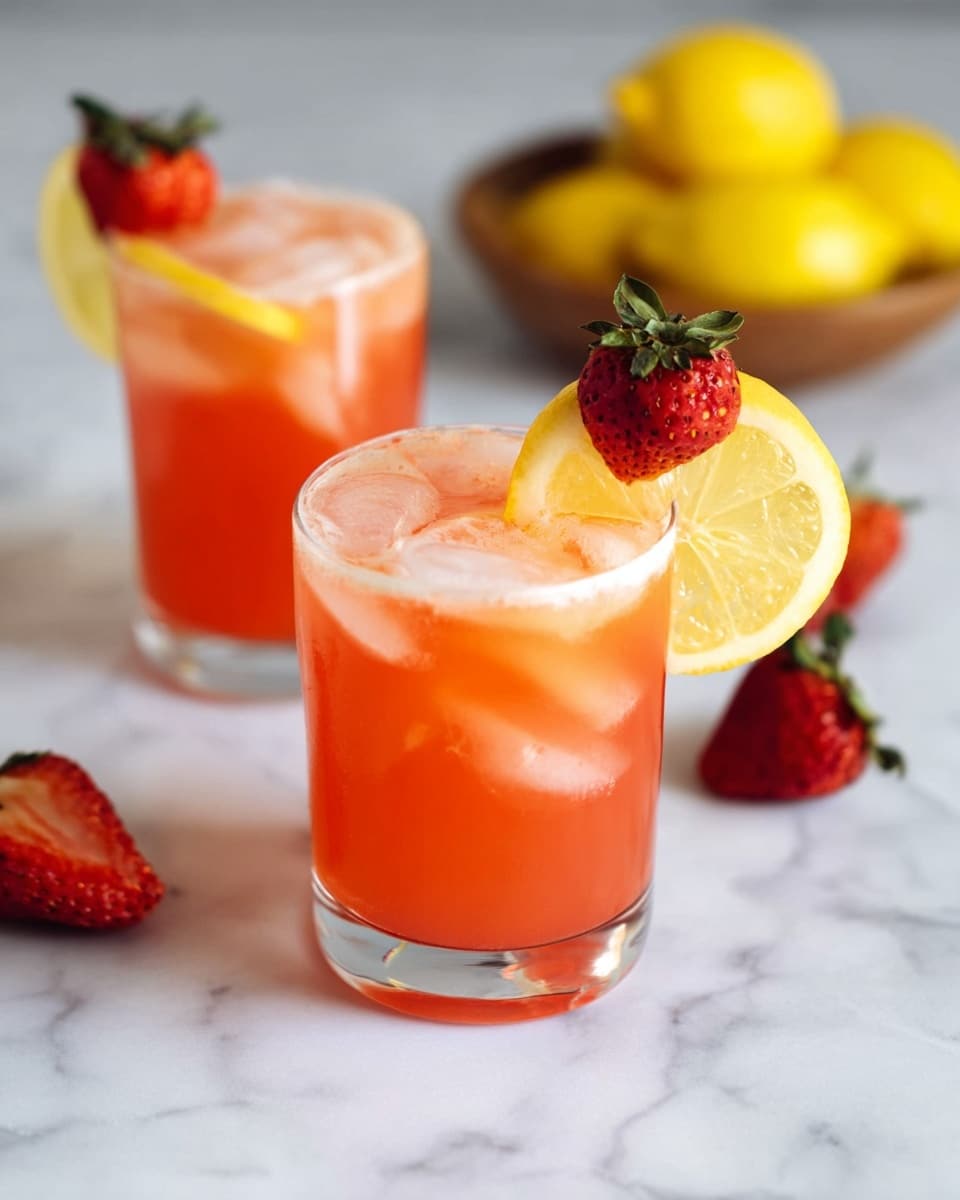 A clear glass holds a bright orange-red drink filled with translucent ice cubes and two visible thin yellow lemon slices inside. The drink looks slightly frothy on top. A fresh, whole red strawberry with green leaves is placed on the rim of the glass. The glass sits on a white marbled surface, with a blurred dark bowl of yellow lemons and a red strawberry in the background. Photo taken with an iphone --ar 4:5 --v 7