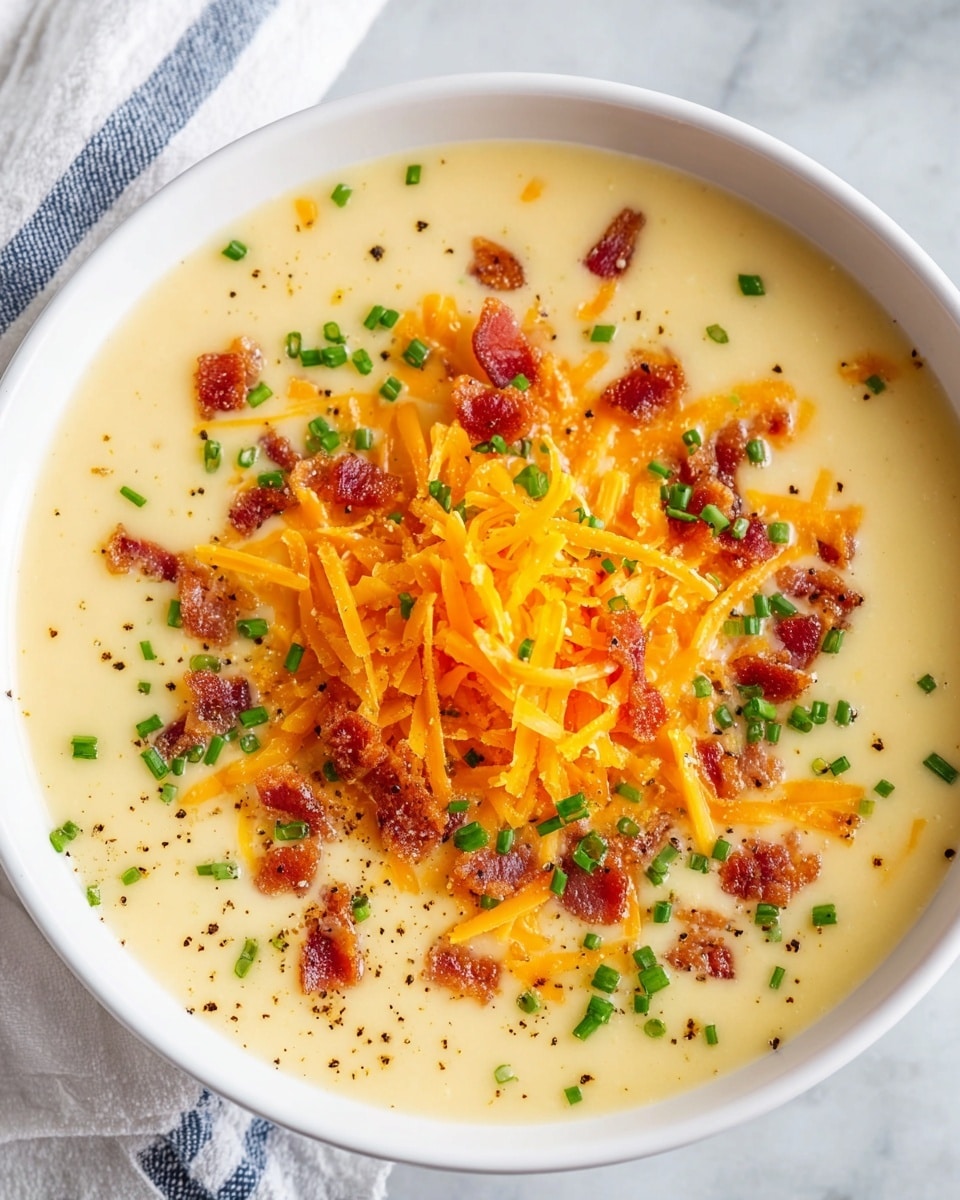 A white bowl filled with creamy light yellow soup. On top, there is a pile of bright orange shredded cheese placed in the center. Around the cheese, small crispy reddish-brown bacon pieces are scattered evenly. Tiny green chopped chives are sprinkled on the cheese and bacon, adding a fresh contrast in color. A few black pepper specks are also visible, giving slight texture. The bowl sits on a white marbled surface with a small portion of a white cloth with blue stripes visible nearby. Photo taken with an iphone --ar 4:5 --v 7
