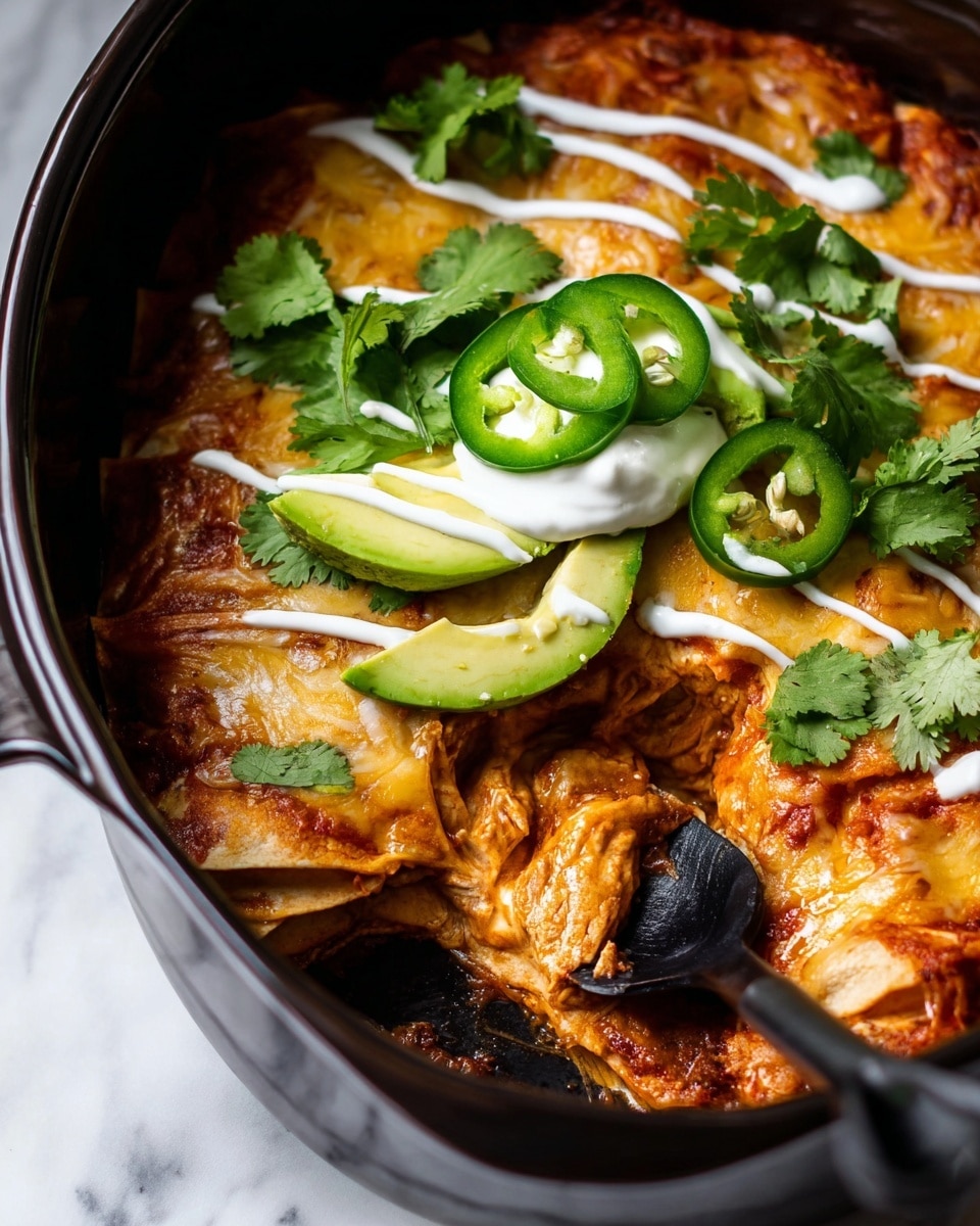 The image shows a black pot filled with layered enchiladas. The bottom layer is red sauce soaked tortillas with a shiny, soft texture, topped by melted golden cheese. There are thinly sliced green jalapeños and avocado slices arranged on top, along with fresh green cilantro leaves scattered around. White sour cream is drizzled in streaks across the enchiladas. A black spoon digs into the right side, lifting a piece revealing more sauce and cheese inside. The pot is placed on a white marbled surface. Photo taken with an iphone --ar 4:5 --v 7
