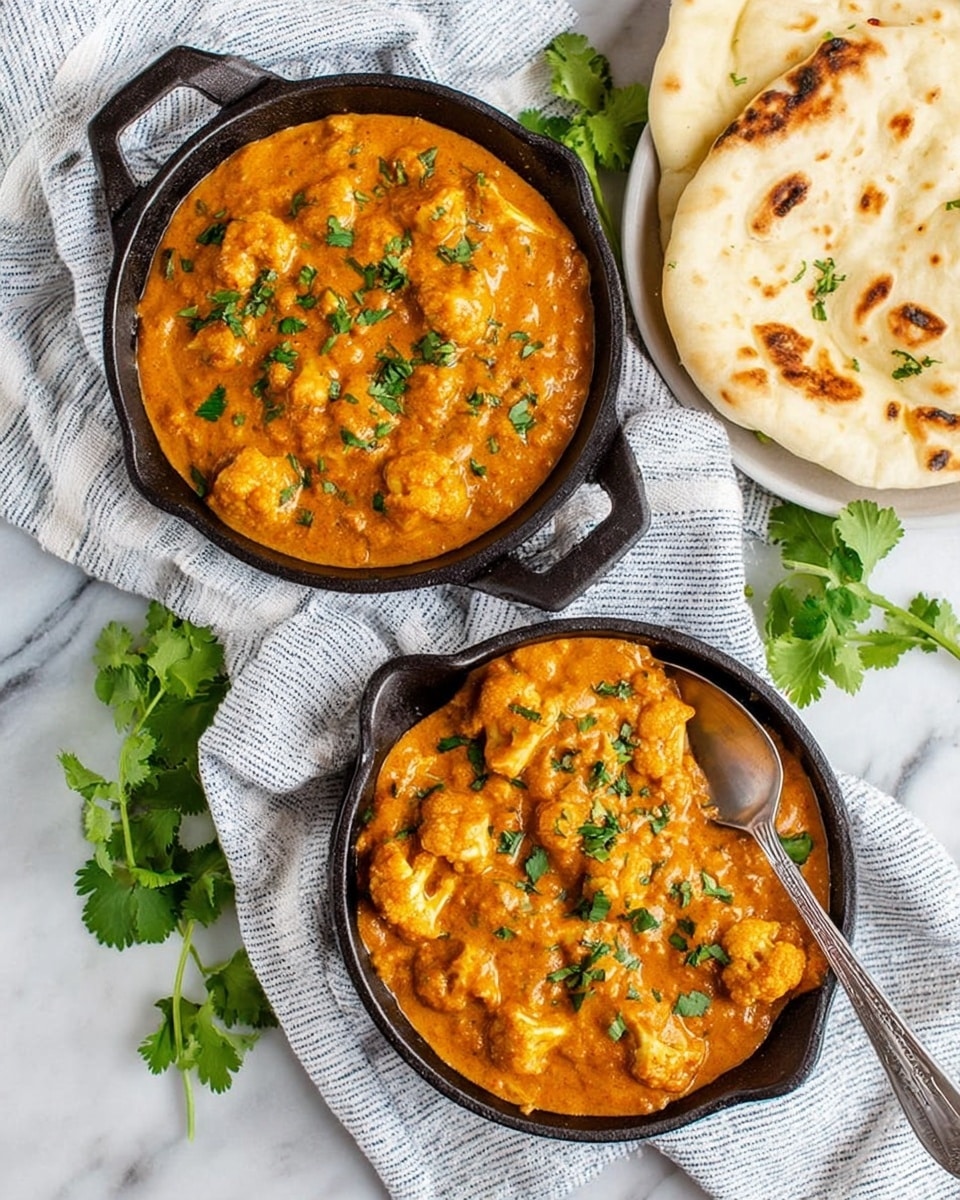 Two small black cast iron pans filled with thick orange curry containing chunks of cauliflower and garnished with green cilantro leaves. One pan has a silver spoon resting inside. Next to the pans are two pieces of folded, lightly browned naan bread resting on a white and blue striped cloth on a white marbled surface. A few sprigs of fresh cilantro are scattered around the pans. Photo taken with an iphone --ar 4:5 --v 7