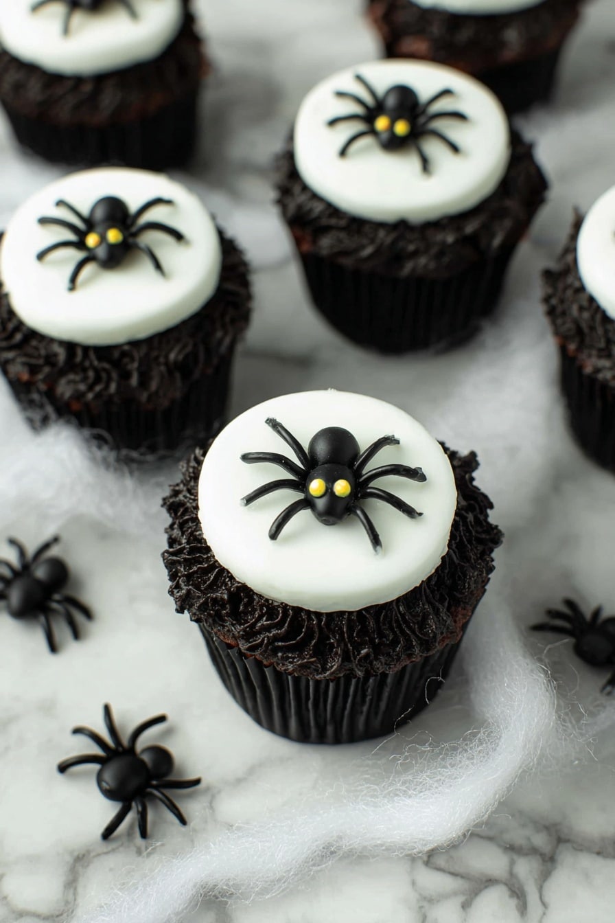 Creepy Halloween Spider Cupcakes, Halloween Cupcake Decorations, Spooky Cupcake Ideas, Halloween Baking Recipes, Easy Halloween Cupcakes - The image shows several dark chocolate cupcakes with rough, swirled black frosting on top, each topped with a smooth, white round fondant disk. On each white disk sits a small, black spider decoration with eight legs and two small yellow eyes. The cupcakes sit on a white marbled surface covered partly with thin white threads that look like fake spider webs. Some small black plastic spiders lay on the surface around the cupcakes. photo taken with an iphone --ar 2:3 --v 7