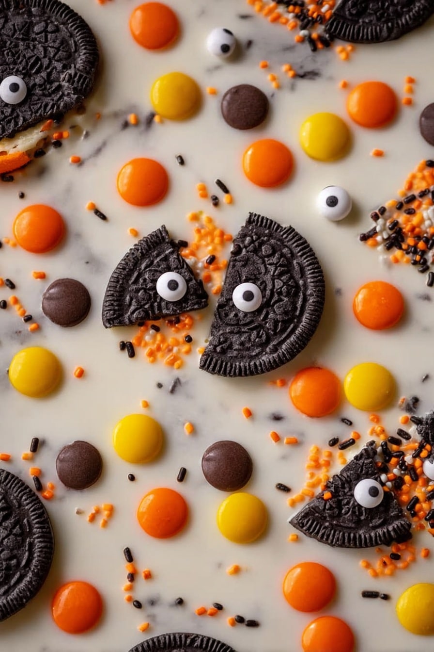 Spooky Halloween Oreo Bark, Halloween Oreo bark, Halloween chocolate treats, festive Halloween desserts, easy Halloween snack - This image shows a close-up of a sweet treat with a white chocolate base. On the top layer, there are broken pieces of black sandwich cookies with bright orange cream inside, scattered evenly. Small round candies in orange, yellow, and brown colors are spread around the cookies. Also, there are small white candy eyes with black dots, placed randomly. Tiny round orange and black sprinkles fill the small spaces between the bigger items, adding more color and texture. The whole scene is on a white marbled surface. photo taken with an iphone --ar 2:3 --v 7